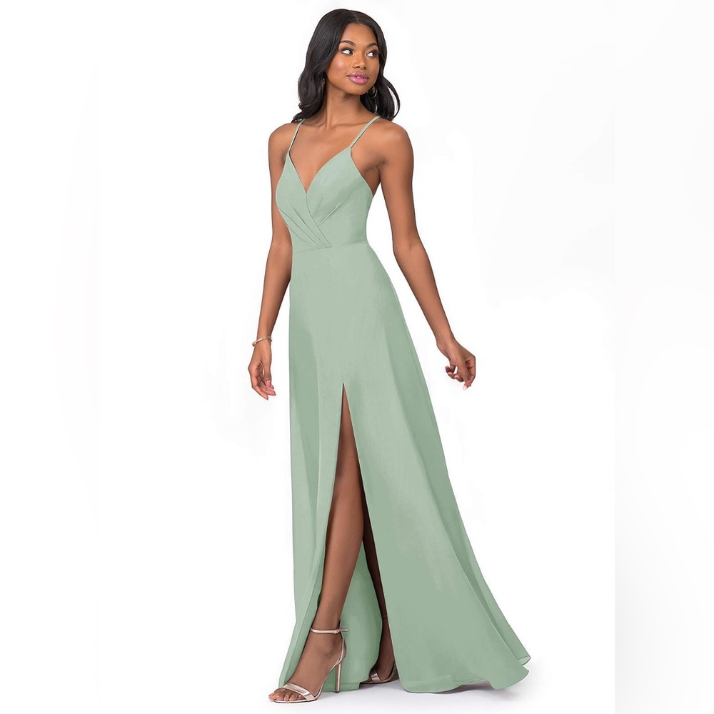 Azazie agave strappy back chiffon side slit maxi gown dress nwot bridesmaid - Picture 2 of 4